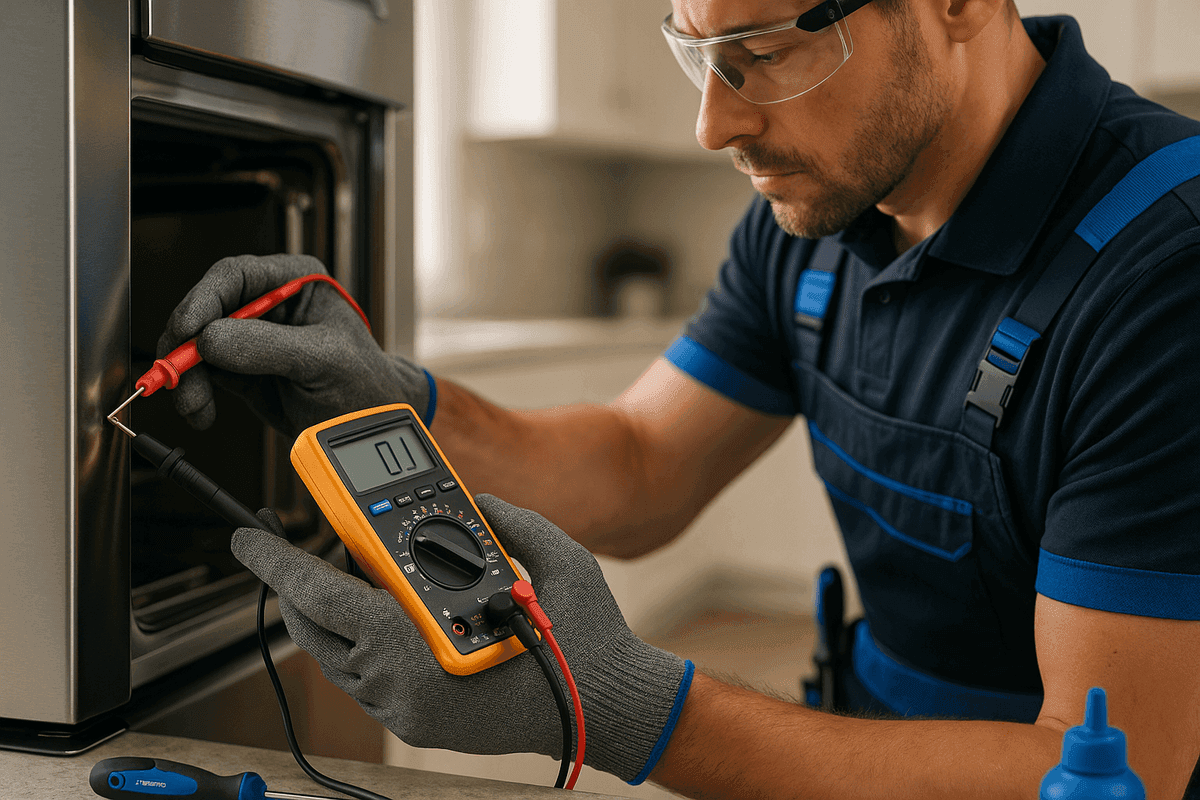 Close-up of technician’s gloved hands using digital multimeter on high-end appliance
