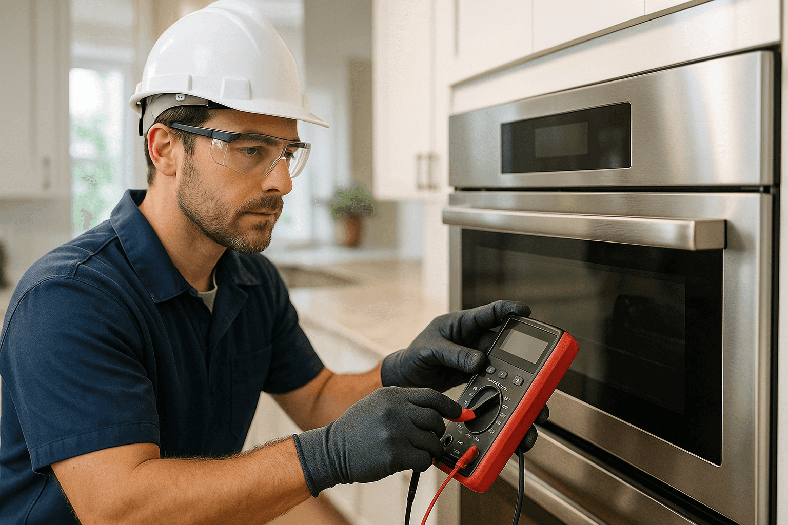 Technician inspecting kitchen oven control panel with tools