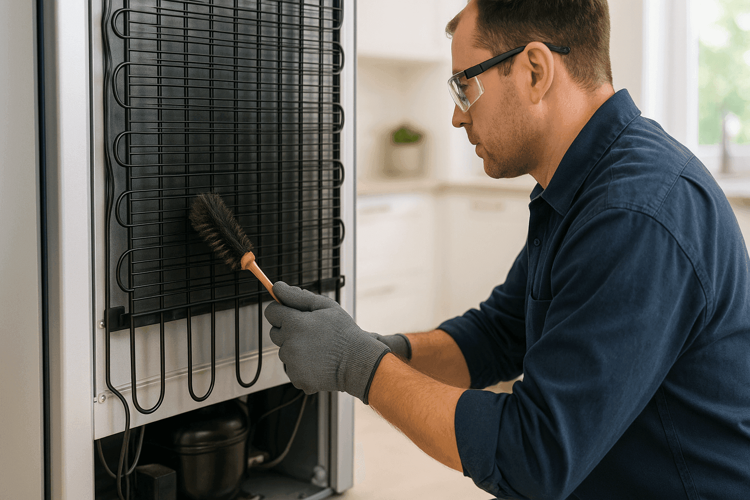 Technician cleaning refrigerator coils in bright kitchen